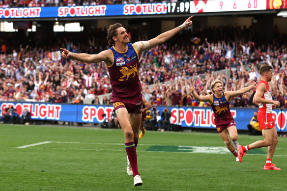 Joe Daniher celebrates one of his two goals in this year’s grand final.