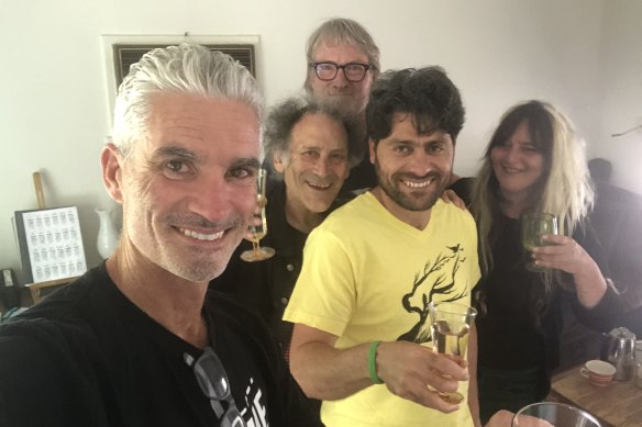 Craig Foster, Arnold Zable, David Bridie, Farhad Bandesh and friend Jenell Quinsee on the night of Bandesh’s release.