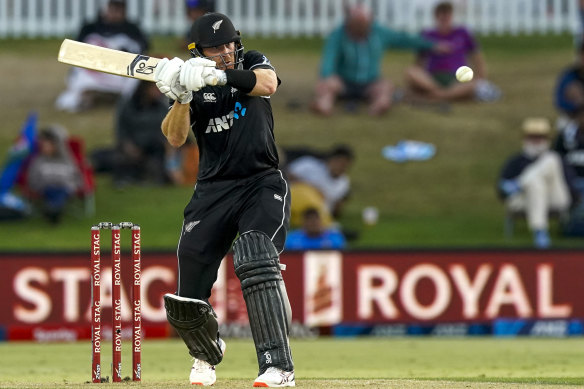 Martin Guptill plays a shot during the ODI between India and New Zealand at Bay Oval, Tauranga.