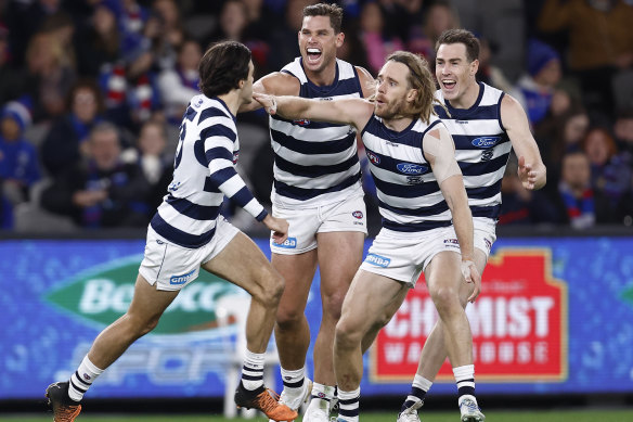 Tom Hawkins and the Cats celebrate a goal.