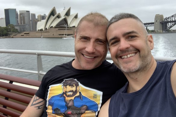 Shawn Rawleigh (left) is planning to move to Australia to join his partner Ben Scrivener, but is stuck in Los Angeles because of the travel ban.