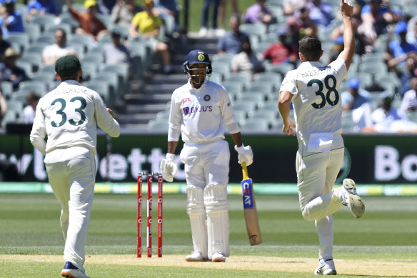 Another wicket: Josh Hazlewood celebrates.