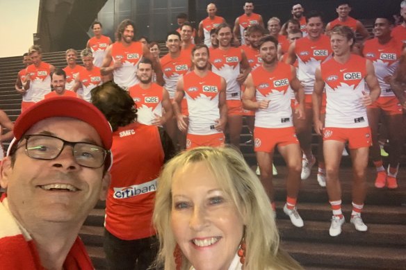 Swans members, Ambassadors and friends Grant Jones and Carolyn Cummins, pictured at the SCG, have been going to games together for more than a decade now.
