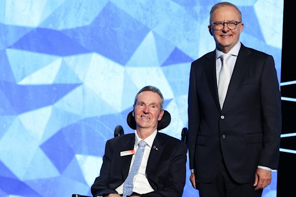 Prime Minister Anthony Albanese with Neale Daniher after naming him  Australian of the Year in 2025. 