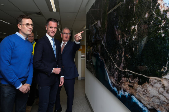 ASU secretary Angus McFarland, NSW Premier Chris Minns and attorney-general Michael Daley during a tour at Malabar Wastewater Treatment Plant on May 8, 2023.