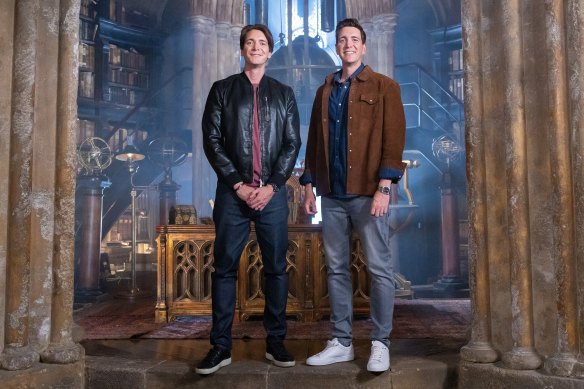 James and Oliver Phelps on the set of Harry Potter: Wizards of Baking.