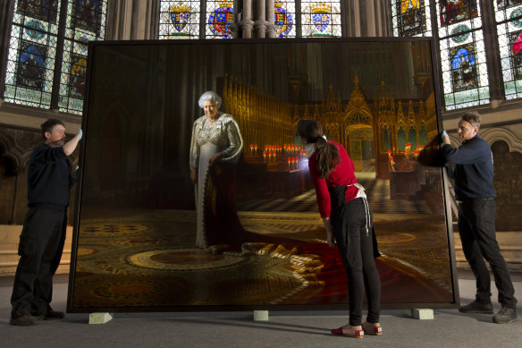 Ralph Heimans' work, Coronation Theatre, being installed inside Westminster Abbey.