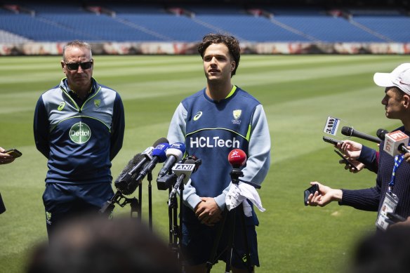 Sam Konstas answers questions from the media at the MCG, where he is expected to make his Test debut on Boxing Day.