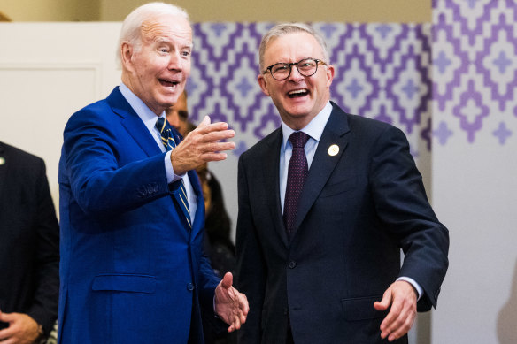 Joe Biden and Anthony Albanese meeting on the sidelines of the East Asia Summit in Cambodia last year.