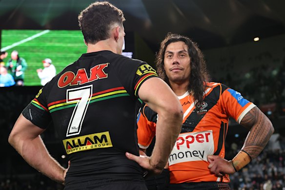 Nathan Cleary and Jarome Luai after their recent clash at Commbank Stadium.