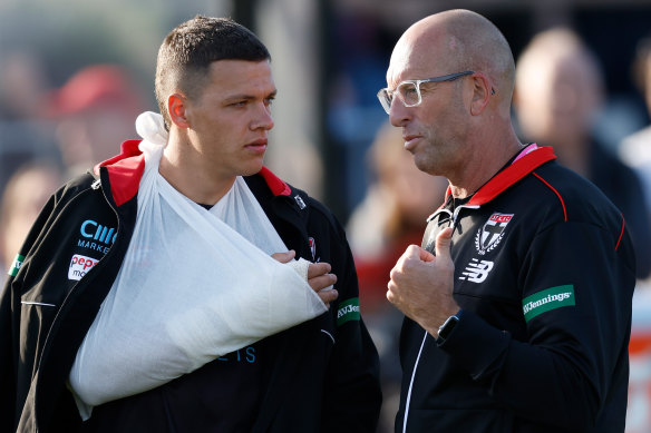 Marcus Windhager seen in talks with St Kilda’s David Misson.