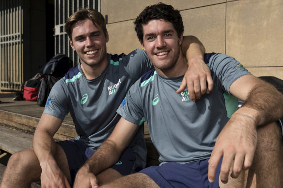 Will Harrison (left) and Ben Donaldson with the Junior Wallabies in 2019. 