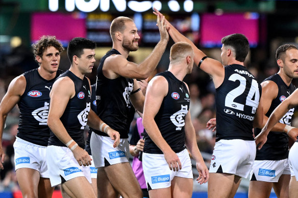 The. Blues celebrate a goal.