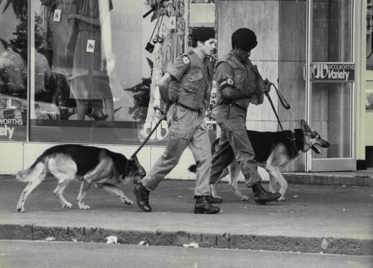 Army personnel with sniffer dogs after a bomb blast at Woolworths  Town Hall on December 24, 1980.