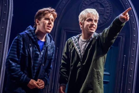 Sean Rees-Wemyss, left, as Albus Potter with William McKenna as Scorpius Malfoy during the first run of <i>Harry Potter and the Cursed Child</i>.