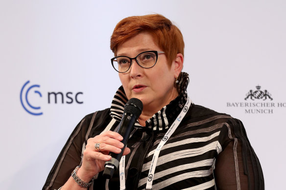 Foreign Minister Marise Payne speaking at the Munich Security Conference last weekend.
