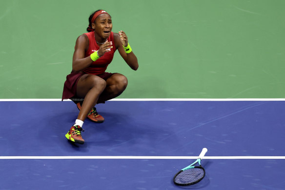 Coco Gauff breaks down after defeating No. 2 seed Belarusian Aryna Sabalenka to win the 2023 US Open women’s singles final.