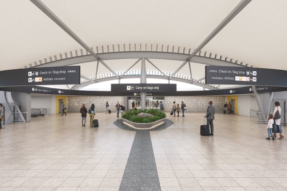 Brisbane Airport’s new skywalk entrance connecting the car parks to the domestic terminal. 