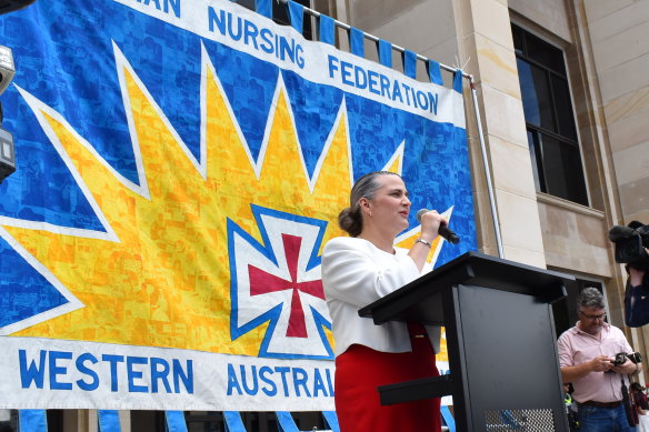 ANF WA secretary Janet Reah addresses the rally at Parliament House.