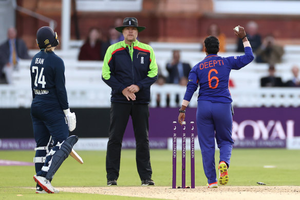 Charlie Dean after being run out by Deepti Sharma at Lord’s.