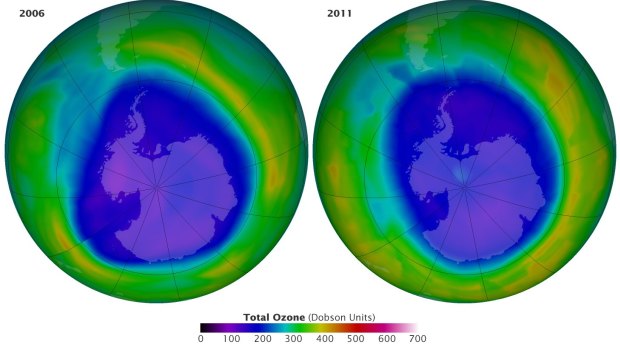 This image, from NASA and centred on Antarctica, shows the damage we have done to the ozone layer. The gradient indicates the amount of ozone at that region. As you can see, a large area of the atmosphere above Antarctica has been depleted of ozone, as shown by the dark-blue area.