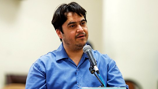 Journalist Ruhollah Zam speaks during his June 2020 trial at the Revolutionary Court, in Tehran