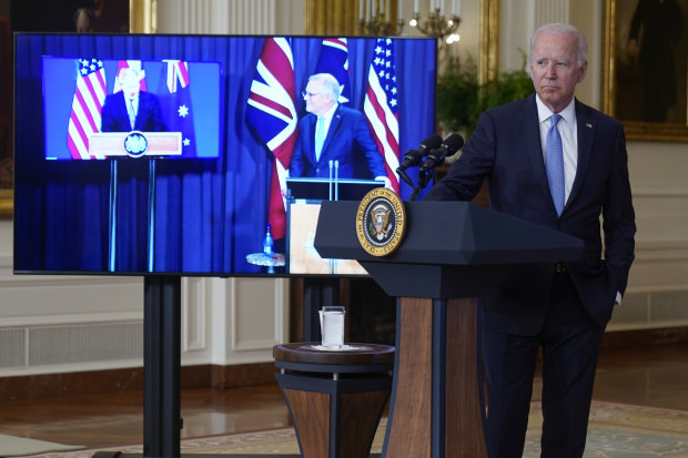 Talking AUKUS: US President Joe Biden virtually alongside British Prime Minister Boris Johnson and Prime Minister Scott Morrison in the East Room of the White House.