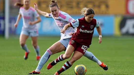 Katrina Gorry, pictured here eluding Arsenal’s Vivianne Miedema, is proving one of the WSL buys of the season.