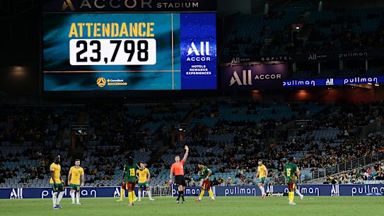 Just 23,798 fans watched the Socceroos face Cameroon in Sydney on Friday night, their second-last game on home soil before the World Cup.