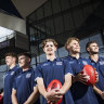 Oliver Wiltshire (centre) flanked by fellow Geelong draftees (left to right) Connor O’Sullivan, Shaun Mannagh, George Stevens and Emerson Jeka.