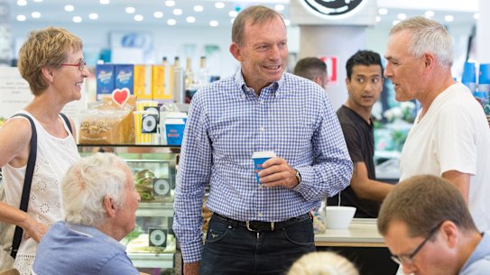 Former prime minister Tony Abbott meets voters at Bridgepoint Shopping Centre in Mosman on Saturday.