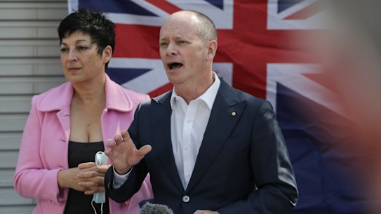 Campbell Newman with with wife Lisa announcing his Senate run with the Liberal Democrats. 