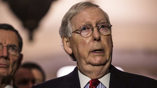 Senate Majority Leader Mitch McConnell, a Republican from Kentucky, speaks during a news conference following a weekly policy luncheon on Capitol Hill in Washington, DC.