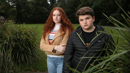 Lucinda Crompton and Kaya Ozen (both aged 14 years) at Ryde Park are concerned about climate change and Government inaction on the issue. Sydney. June 3, 2022. Photograph by James Alcock.