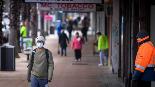 People wear masks in Geelong on Monday.