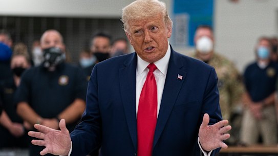 US President Donald Trump speaks at an emergency operations centre in Kenosha, Wisconsin.