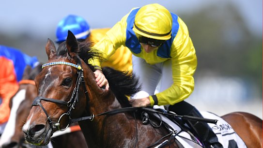 Tom Marquand gives Young Rascal a pat past the post.