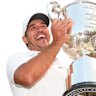 Brooks Koepka holds up the Wanamaker Trophy after winning the 2023 PGA Championship.