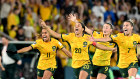 Sam Kerr leads celebrations after the Matildas’ record-breaking penalty shootout victory.