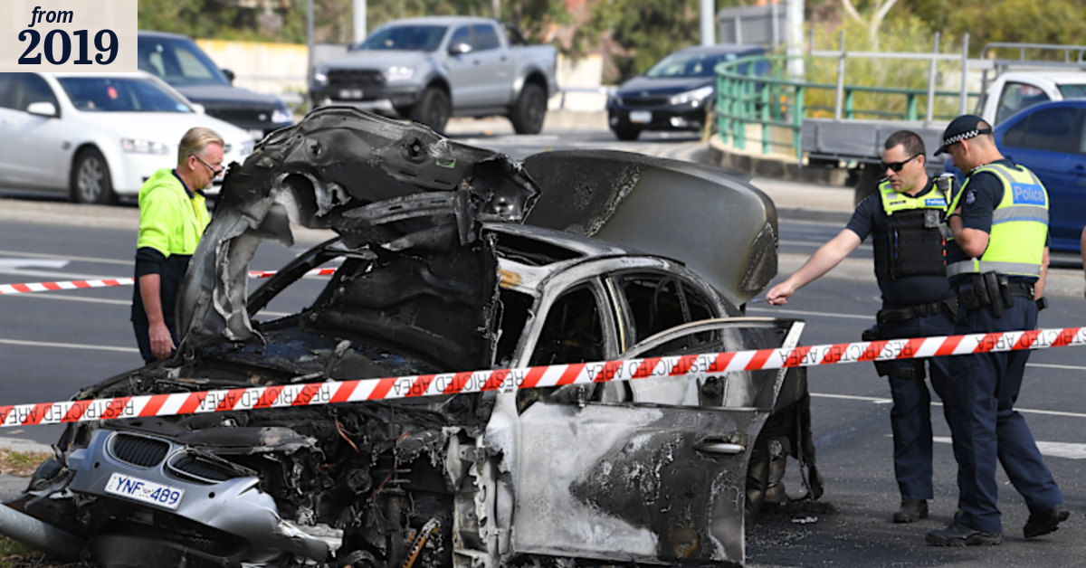 Two teens in custody after 80km police chase ends in fiery crash