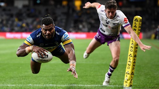 Eels winger Maika Sivo crosses for his 20th try in 22 games at Bankwest Stadium.