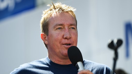 Trent Robinson speaks to the Roosters faithful after winning last year's premiership.