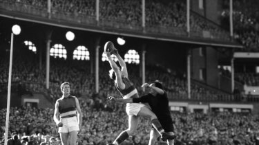 Footscrayâ€™s Jack Collins marks over Melbourneâ€™s Lance Arnold.