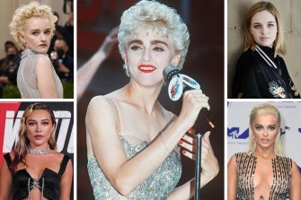 Who has what it takes to play Madonna? Clockwise from top left: Julia Garner, Madonna, Odessa Young, Bebe Rexha and Florence Pugh. 