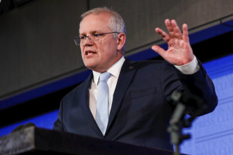 Prime Minister Scott Morrison discusses advanced manufacturing at the National Press Club in Canberra on Thursday.