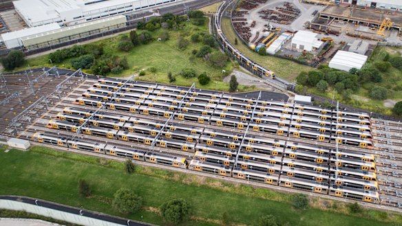 Trains parked at Auburn stabling yards on the day of the shutdown last week.