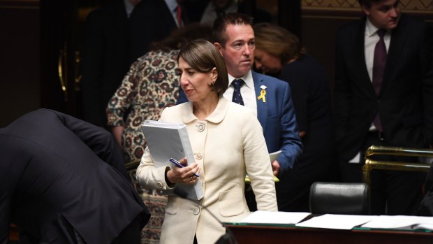 Premier Gladys Berejiklian enters the Legislative Assembly for the first question time of the new parliament.