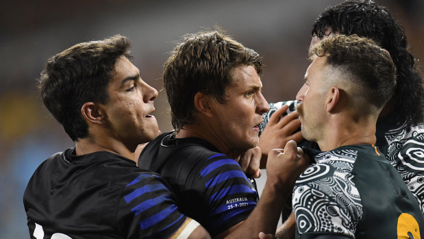 Argentina players during a heated scuffle in their 27-8 loss to the Wallabies on Saturday. 