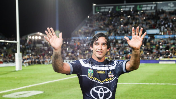 Fond farewell: Johnathan Thurston waves goodbye to the Cowboys faithful.