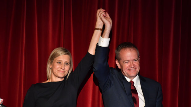 Labor candidate for Longman Susan Lamb and Leader of the Opposition Bill Shorten claim victory in the seat of Longman at the Caboolture RSL Club in Caboolture, north of Brisbane, Queensland.